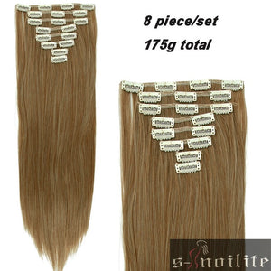 S-noilite 24" 8 Pieces/set Long Striaght 180g Clip in on Natural Hair Extensions Full Head Real Synthetic 18 Clips ins for human - X-scape Store