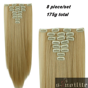 S-noilite 24" 8 Pieces/set Long Striaght 180g Clip in on Natural Hair Extensions Full Head Real Synthetic 18 Clips ins for human - X-scape Store