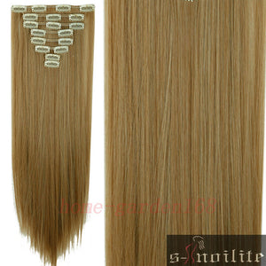 S-noilite 24" 8 Pieces/set Long Striaght 180g Clip in on Natural Hair Extensions Full Head Real Synthetic 18 Clips ins for human - X-scape Store