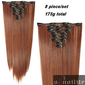 S-noilite 24" 8 Pieces/set Long Striaght 180g Clip in on Natural Hair Extensions Full Head Real Synthetic 18 Clips ins for human - X-scape Store