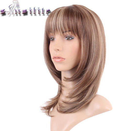 S-noilite 100% Real Natural Hair Straight Light brown blonde mix Synthetic Wig With Bangs For human Party Hair Wigs - X-scape Store
