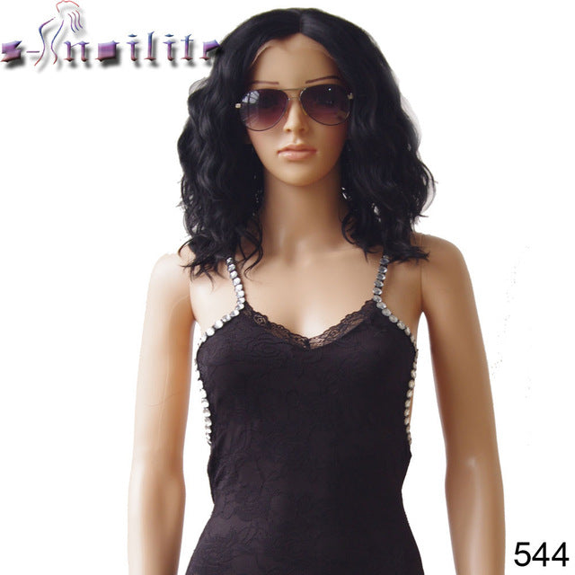 s-noilite 40cm Body Wave Bob Synthetic Hair Wig Natural Black Glueless Lace Front Wigs Heat Resistant for black human - X-scape Store