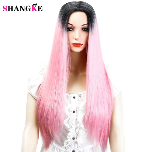 SHANGK Long Straight Ombre Pink Heat Resistant Synthetic Two Tone Wigs For Women 26 inch - X-scape Store