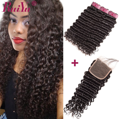 Brazilian Deep Wave 3 Bundles Human Hair With Closure Brazilian with Lace Closure Non Remy #1B