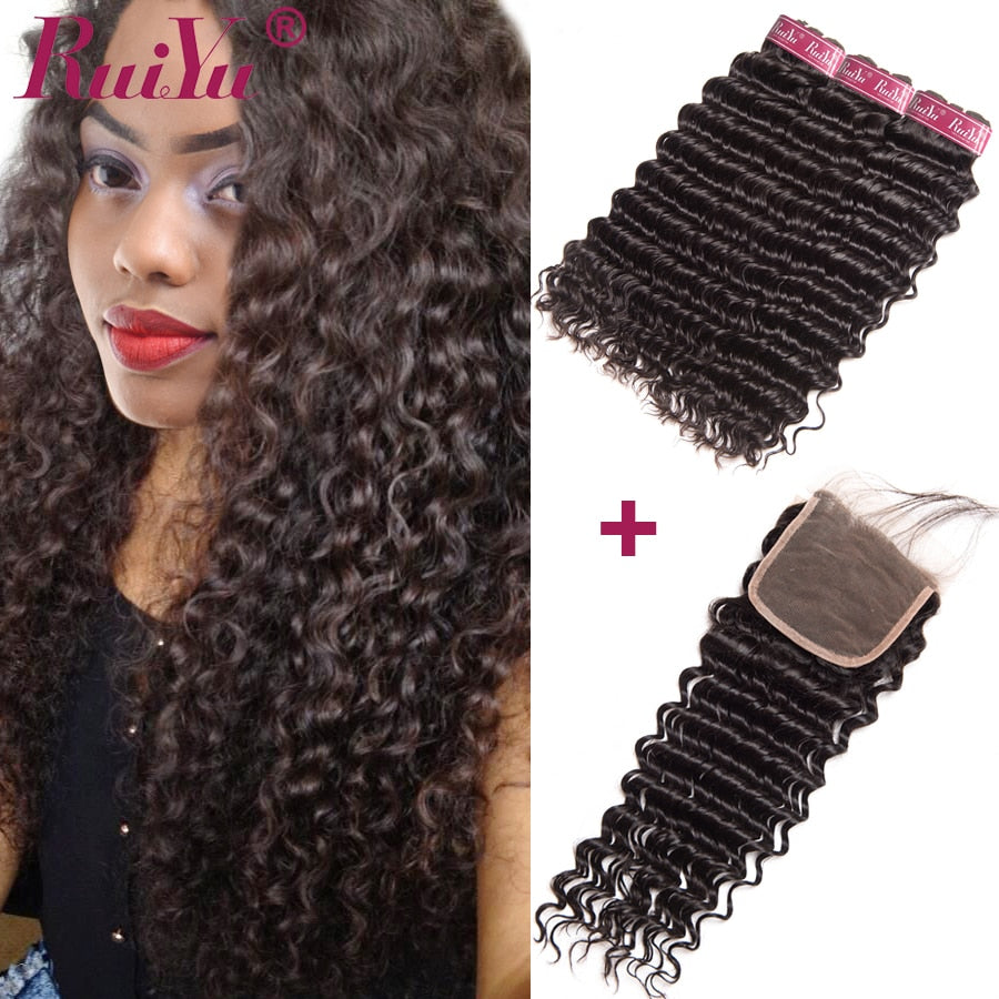 Brazilian Deep Wave 3 Bundles Human Hair With Closure Brazilian with Lace Closure Non Remy #1B