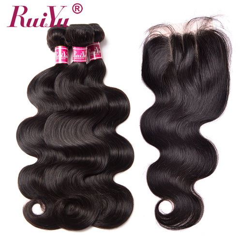RUIYU Body Wave With Closure Non Remy Indian Human Hair 3 Bundles With Lace Closure - X-scape Store