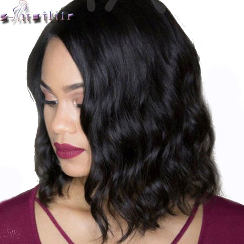 s-noilite 40cm Body Wave Bob Synthetic Hair Wig Natural Black Glueless Lace Front Wigs Heat Resistant for black human - X-scape Store