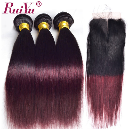 Brazilian Straight Hair Weave Bundles With Closure 1B/Burgundy Ombre Human