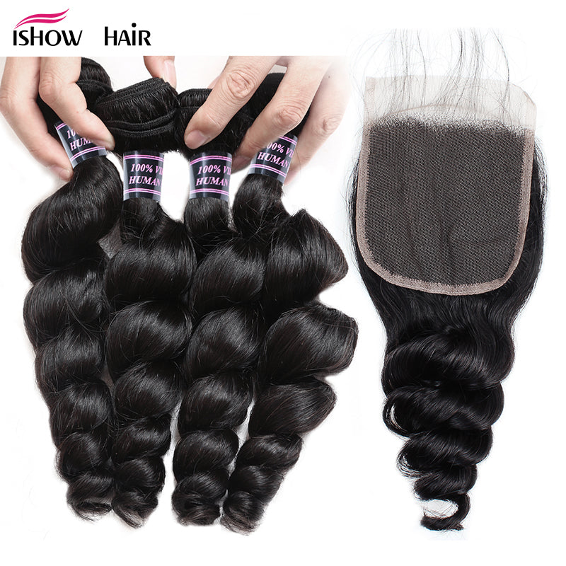 Raw Indian Loose Wave Human Hair Bundles With Lace Closure Non Remy Hair With Closure With Baby Hair