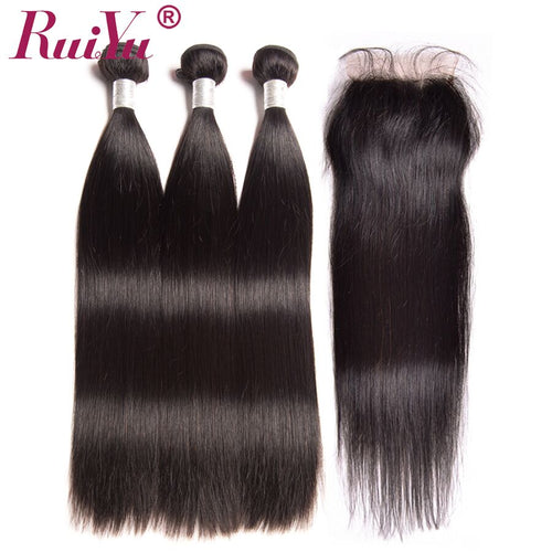RUIYU Human Hair Weave Bundles With Closure Remy Indian Straight Hair 3 Bundles - X-scape Store