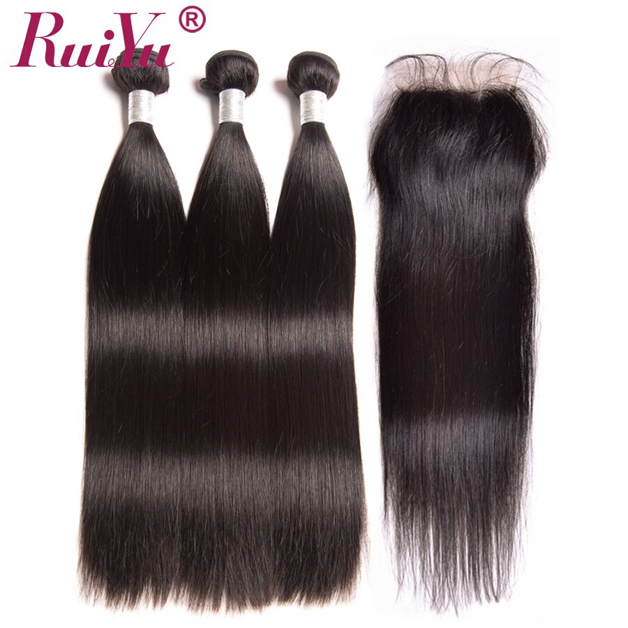 RUIYU Human Hair Weave Bundles With Closure Remy Indian Straight Hair 3 Bundles - X-scape Store
