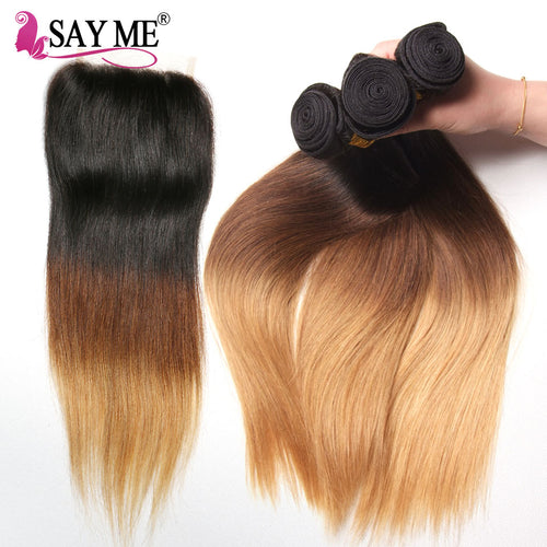 SAY ME Ombre  Blonde Indian Hair 3 Bundles With 4*4 Closure 1B/4/27 30 Straight Human Hair Bundles With Closure Non remy Weave - X-scape Store