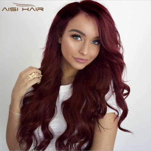 Ombre Dark Red Long Wavy Wig Perucas front lace Hair Synthetic Lace Wigs - X-scape Store