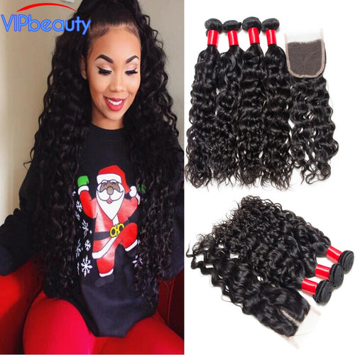 Indian water wave bundles with closure vip beauty human hair 3 bundles - X-scape Store