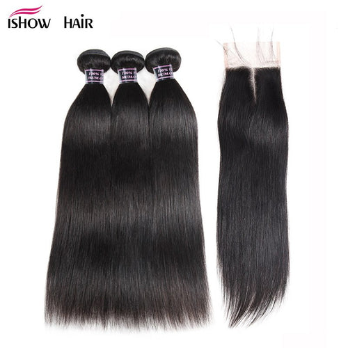 Human Hair 3 Bundles with Closure Indian Straight Hair Lace Closure with Baby Hair - X-scape Store