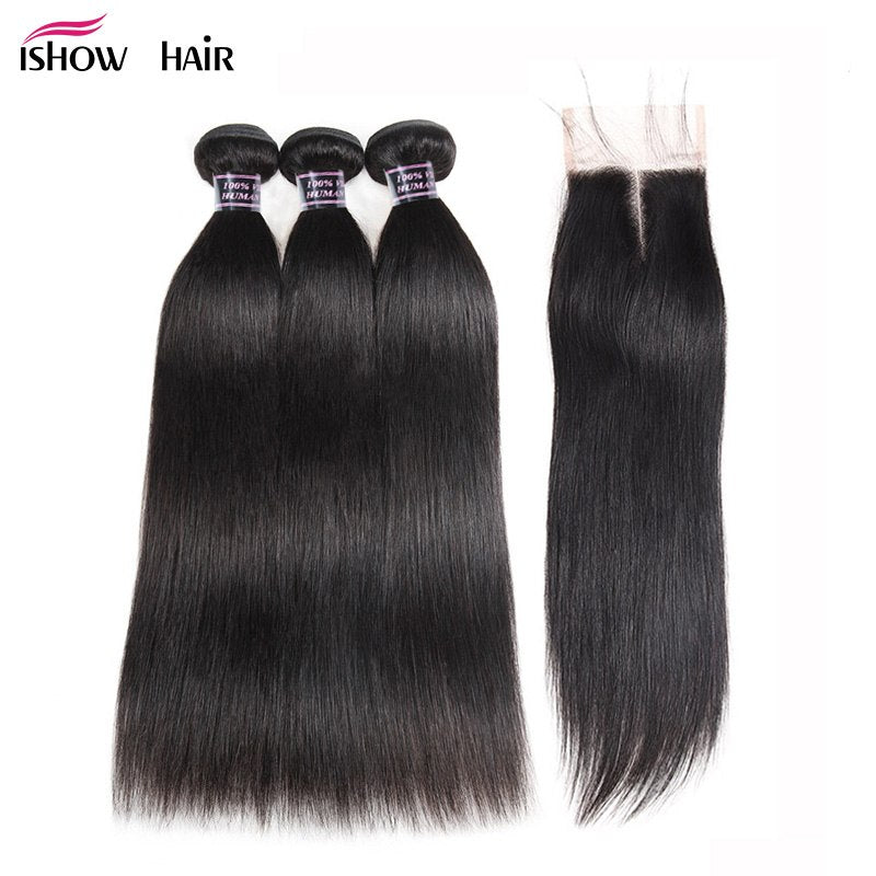 Human Hair 3 Bundles with Closure Indian Straight Hair Lace Closure with Baby Hair - X-scape Store