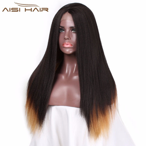 Long Yaki Straight Wig Mixed Black Brown Color Synthetic Lace Front - X-scape Store