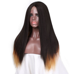 Long Yaki Straight Wig Mixed Black Brown Color Synthetic Lace Front - X-scape Store