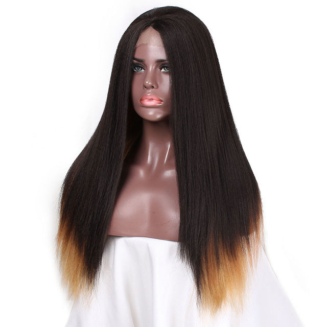 Long Yaki Straight Wig Mixed Black Brown Color Synthetic Lace Front - X-scape Store
