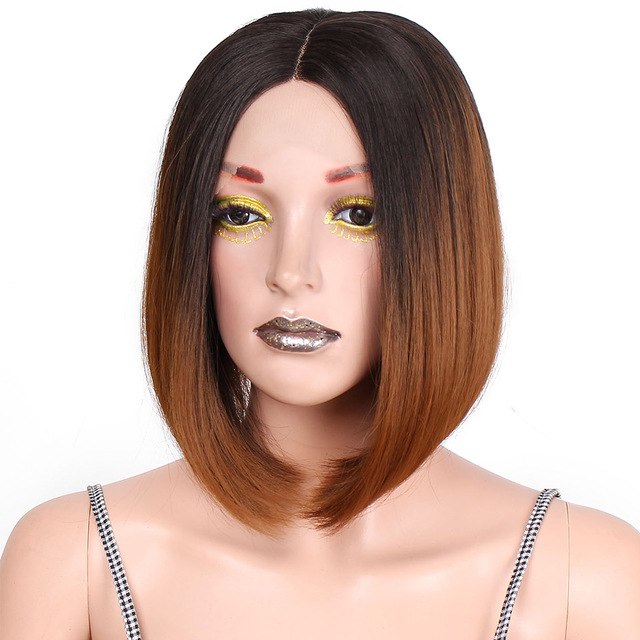 Short Ombre Brown Synthetic Front Lace Wigs 12 inch Bob Straight Wig - X-scape Store