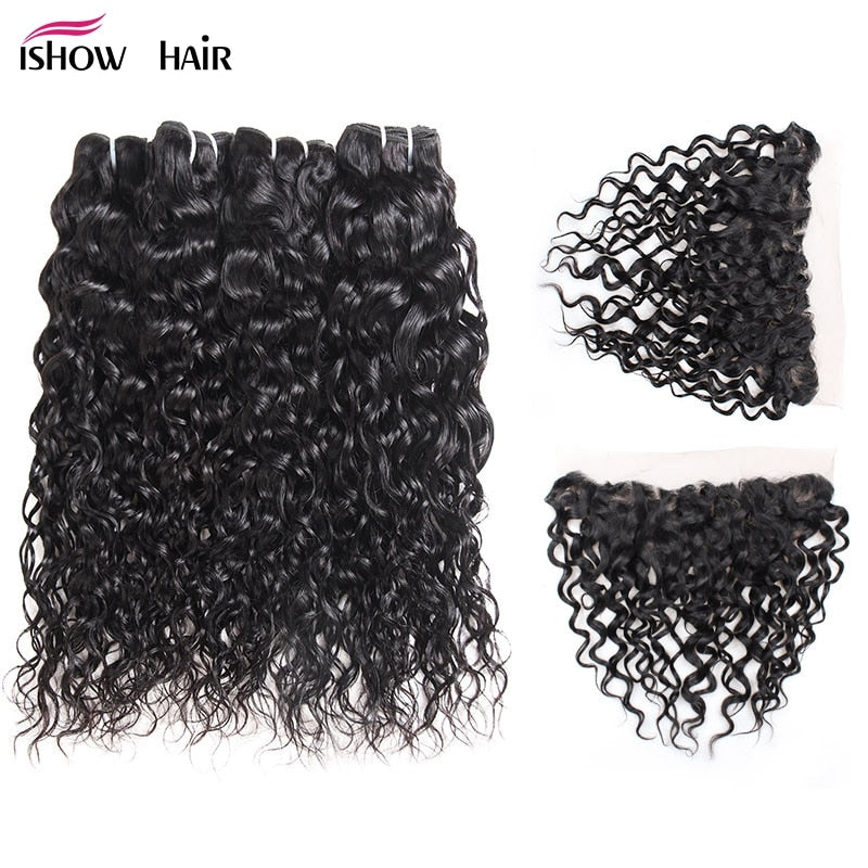 Indian Water Wave Human Hair 4 Bundles With Lace Frontal Closure - X-scape Store