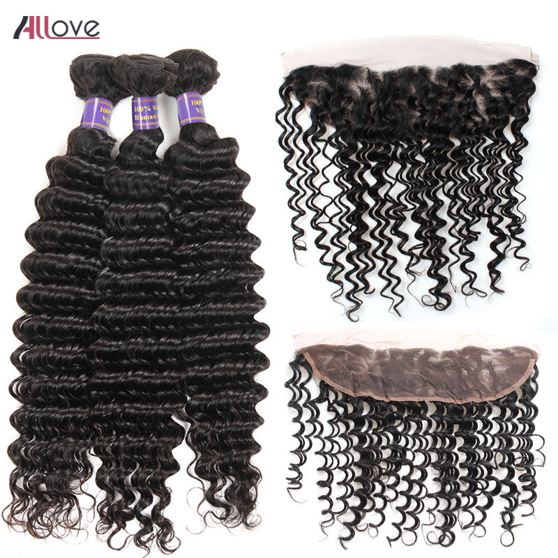 100% Remy Human Hair Lace Frontal Closure With Bundles Indian Deep Wave - X-scape Store